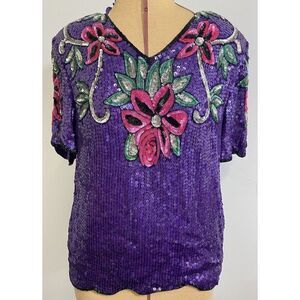 Womens Hollywood Glam Full Sequin Party Floral Top Shirt Swiftie XL Purple
